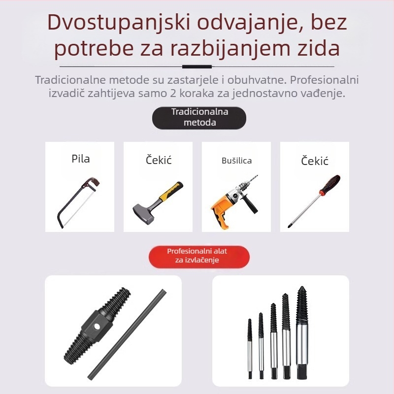 Shouli ekstraktor za slomljene vijke i navoje za slavine i cijevi – dvostruka glava, obrnuti navoj, šestouglasti ekstraktor