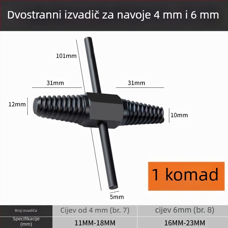 Shouli ekstraktor za slomljene vijke i navoje za slavine i cijevi – dvostruka glava, obrnuti navoj, šestouglasti ekstraktor