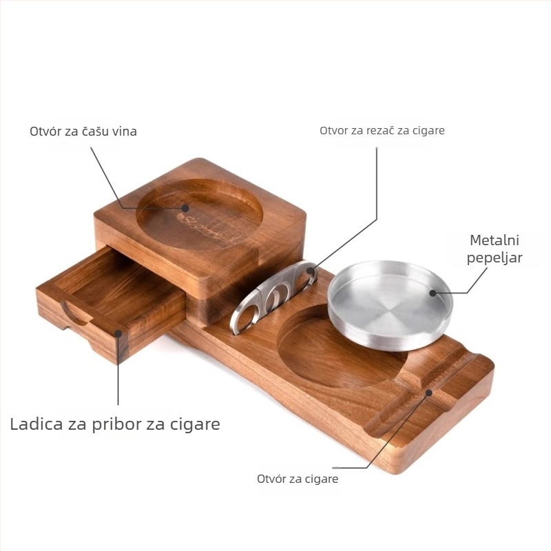 Pepeljak za cigare, drveni, s držačem za čašu viskija, metalna ladica s utorom i rezač cigara