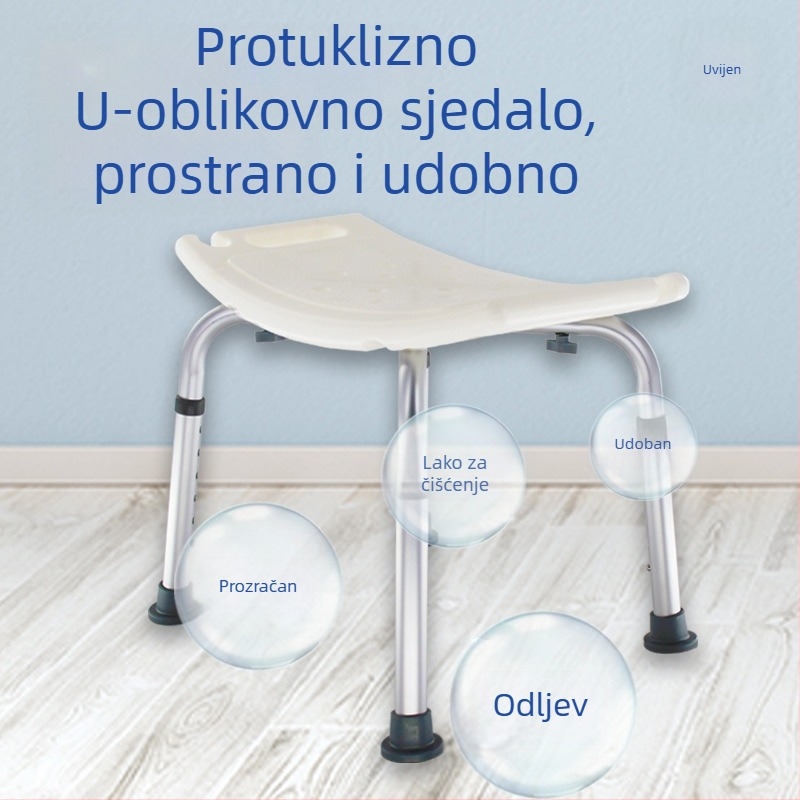 Aluminijska kupaonska stolica za starije osobe, trudnice i osobe s invaliditetom, protuklizni pojas s jastučićem za sjedenje, U-oblikovana kupaonska stolica, čista masa 1,8 kg
