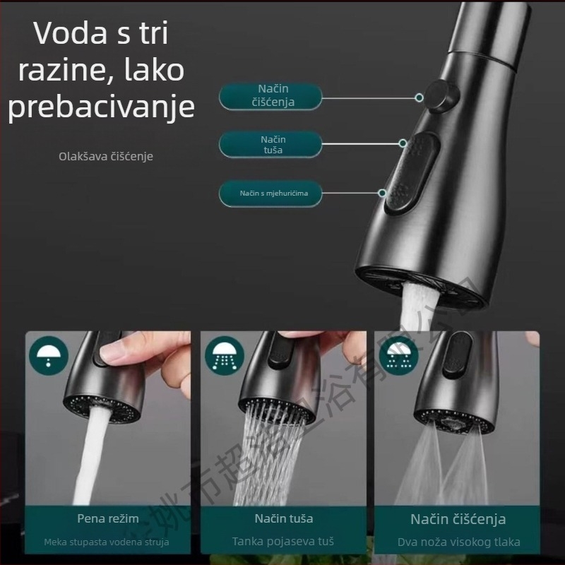 CJ-76 Bakrena kuhinjska anti-prskajuća glava s univerzalnim produženjem, spiralna montaža, tip ventila: osovinski valjak, elektroplatinirani završni sloj