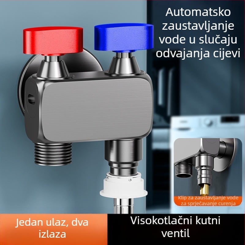 Kutni ventil za perilicu rublja, visok protok, 1 ulaz / 2 izlaza, bakar, ugradnja u zid, s funkcijom zatvaranja vode