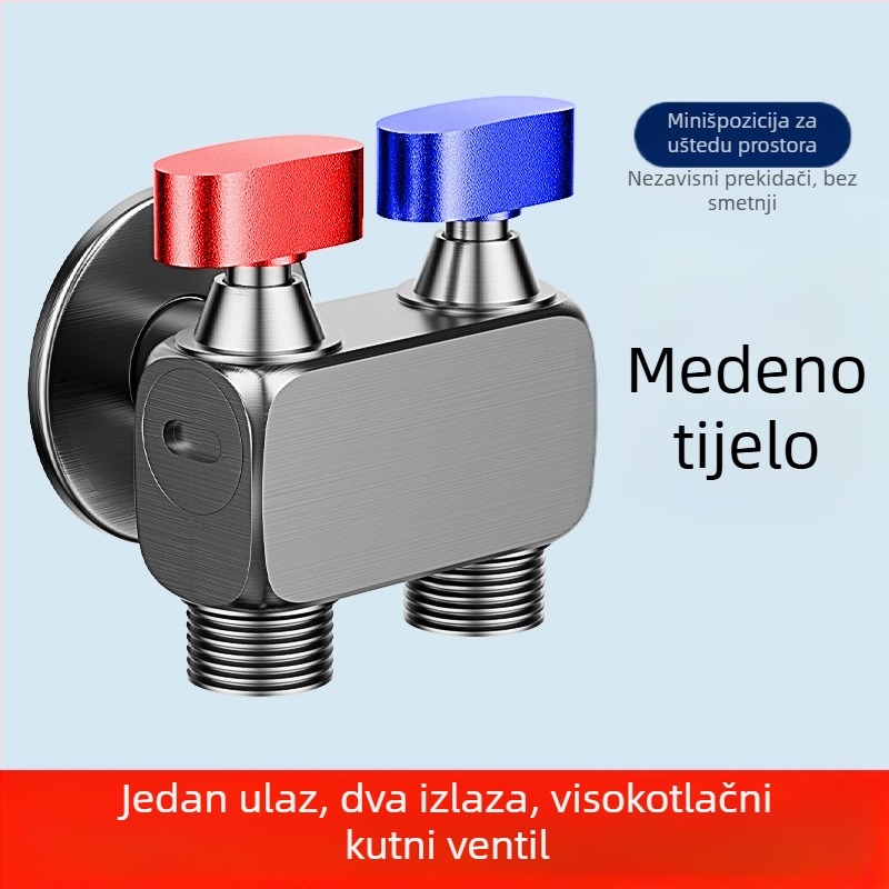 Kutni ventil za perilicu rublja, visok protok, 1 ulaz / 2 izlaza, bakar, ugradnja u zid, s funkcijom zatvaranja vode