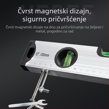 Visokoprecizna magnetska libela s aluminijskim tijelom, čvrsta konstrukcija, magnetska funkcija i ugrađeni mjerni alat.