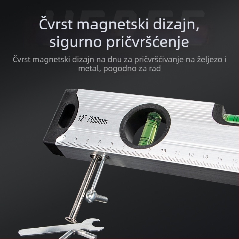 Visokoprecizna magnetska libela s aluminijskim tijelom, čvrsta konstrukcija, magnetska funkcija i ugrađeni mjerni alat.