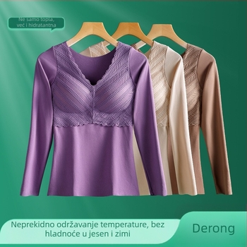 Ženski bazni top s V-dekolteom, dugim rukavima, čipkom, jastučićem za prsa, debeli poliester materijal