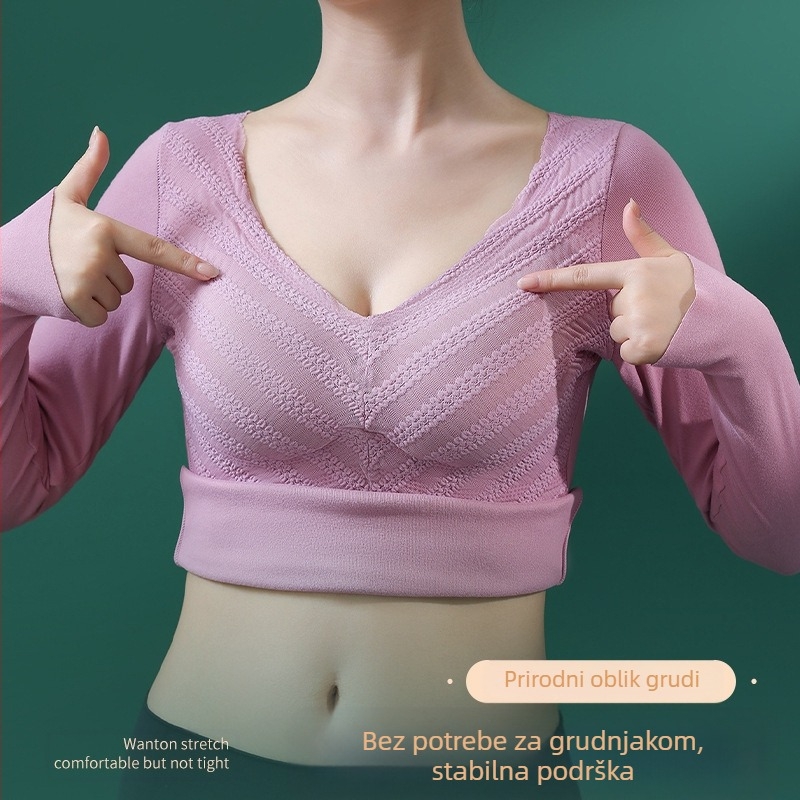 Ženski bazni top s V-dekolteom, dugim rukavima, čipkom, jastučićem za prsa, debeli poliester materijal