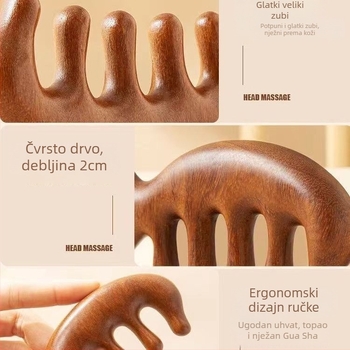 Drveni masažni češalj od sandalovine za masažu vlasišta i lica, pet zubi, meridijanski dizajn