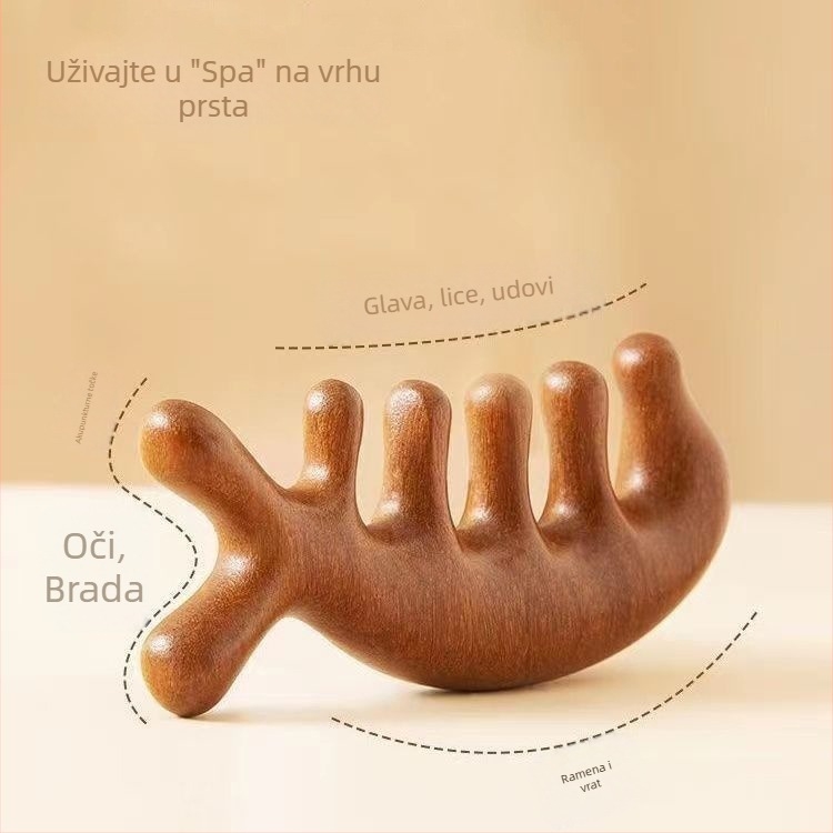 Drveni masažni češalj od sandalovine za masažu vlasišta i lica, pet zubi, meridijanski dizajn