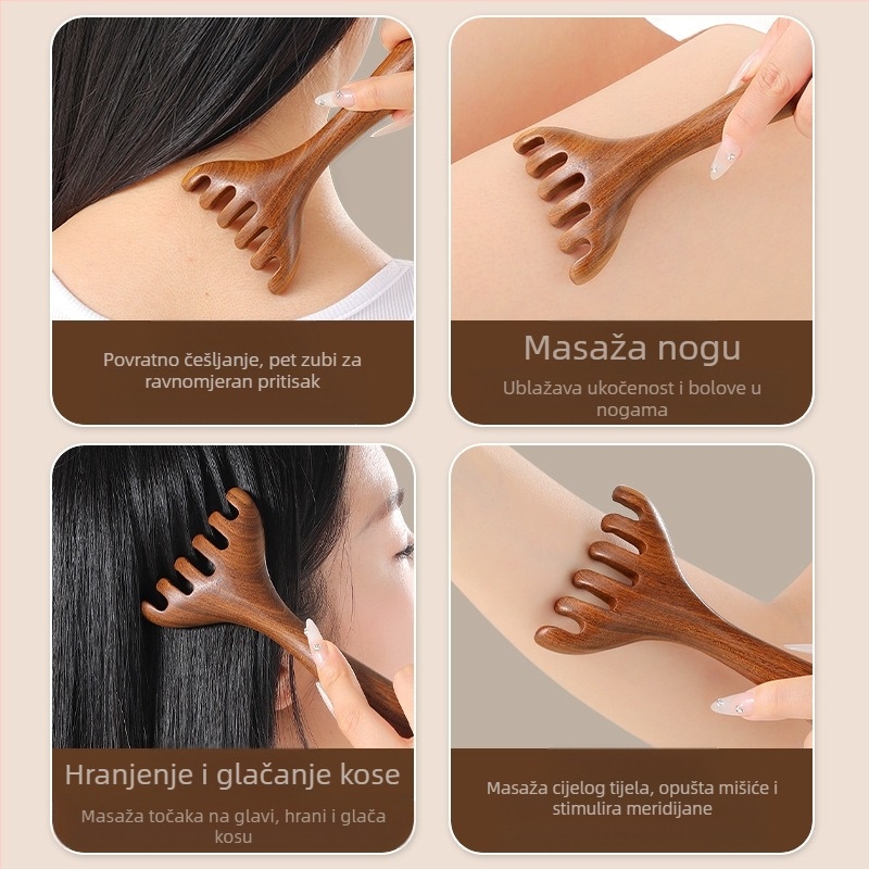 Drveni masažni češalj od sandalovine za masažu vlasišta i lica, pet zubi, meridijanski dizajn