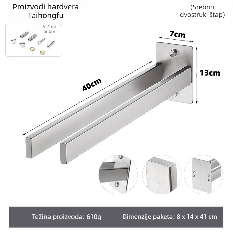 Držač za ručnike od nehrđajućeg čelika, zidni, jednovrstan, nosivost 10 kg, završna obrada: pečeni lak, elektrolitsko premazivanje, srebrno