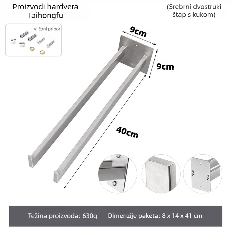 Držač za ručnike od nehrđajućeg čelika, zidni, jednovrstan, nosivost 10 kg, završna obrada: pečeni lak, elektrolitsko premazivanje, srebrno