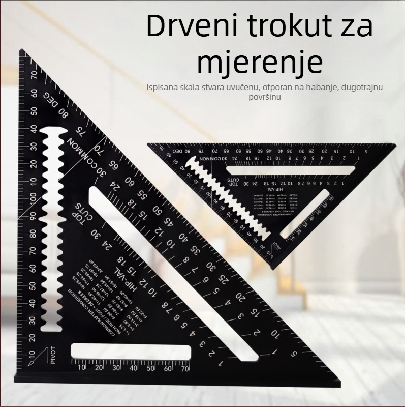 Stolarski trokutnik od aluminijske legure sa dvostrukim mjernim skalama (metrične i inčne), kutovi 45° i 90°