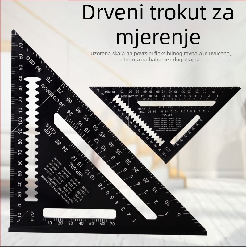 Stolarski trokutnik od aluminijske legure sa dvostrukim mjernim skalama (metrične i inčne), kutovi 45° i 90°