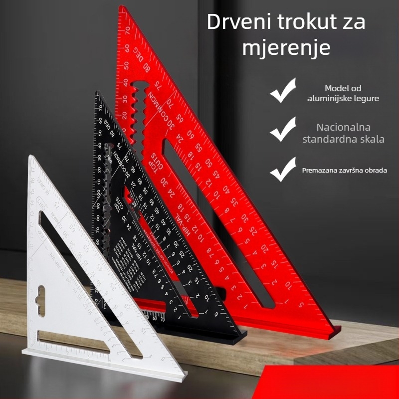 Stolarski trokutnik od aluminijske legure sa dvostrukim mjernim skalama (metrične i inčne), kutovi 45° i 90°