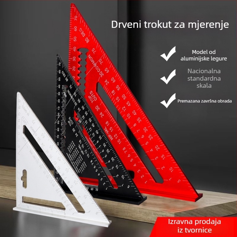 Stolarski trokutnik od aluminijske legure sa dvostrukim mjernim skalama (metrične i inčne), kutovi 45° i 90°