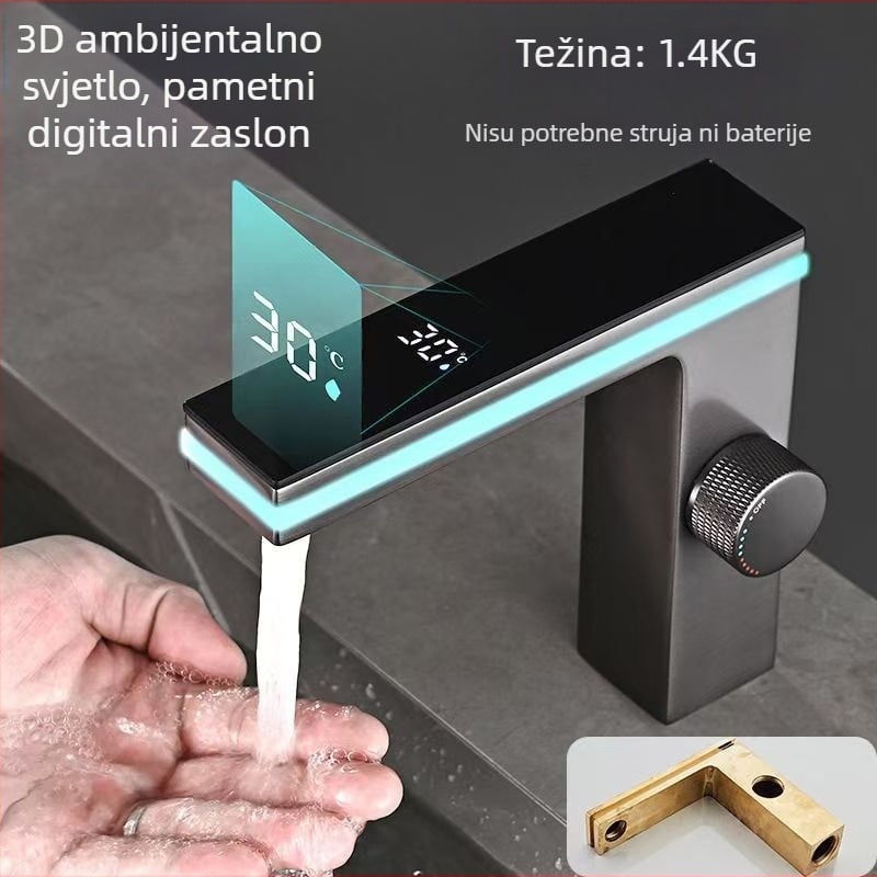 Bakreni pametni slavine s digitalnim zaslonom i ambijentalnim osvjetljenjem, miješanje tople i hladne vode za umivaonik u kupaonici
