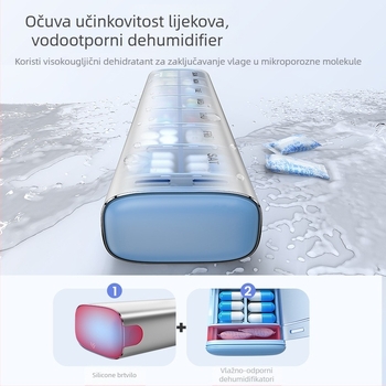 Prenosna kutija za lijekove od aluminijske legure, model PB, metalna konstrukcija, 14 pretinaca, masa 406 g, prenosni dizajn