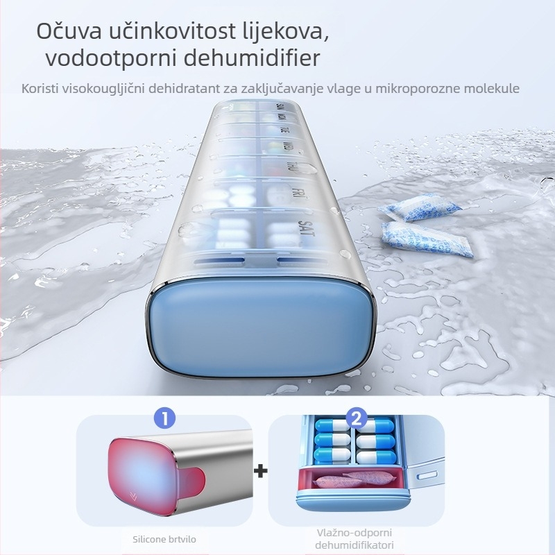 Prenosna kutija za lijekove od aluminijske legure, model PB, metalna konstrukcija, 14 pretinaca, masa 406 g, prenosni dizajn