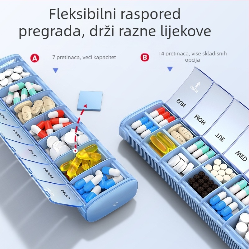 Prenosna kutija za lijekove od aluminijske legure, model PB, metalna konstrukcija, 14 pretinaca, masa 406 g, prenosni dizajn