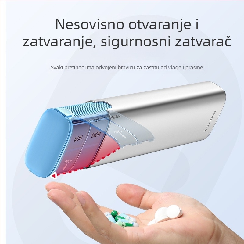 Prenosna kutija za lijekove od aluminijske legure, model PB, metalna konstrukcija, 14 pretinaca, masa 406 g, prenosni dizajn