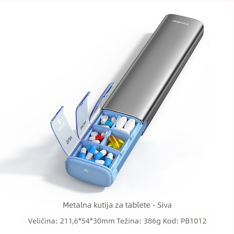 Prenosna kutija za lijekove od aluminijske legure, model PB, metalna konstrukcija, 14 pretinaca, masa 406 g, prenosni dizajn