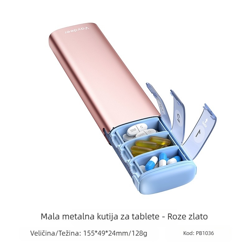 Prenosna kutija za lijekove od aluminijske legure, model PB, metalna konstrukcija, 14 pretinaca, masa 406 g, prenosni dizajn