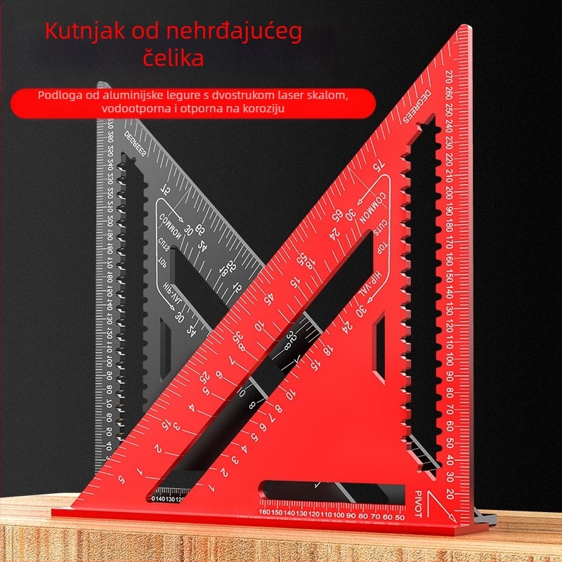 Aluminijska trokutna letvica za drvarstvo, dvostrane engleske i metričke skale, 90° kut, visoka preciznost