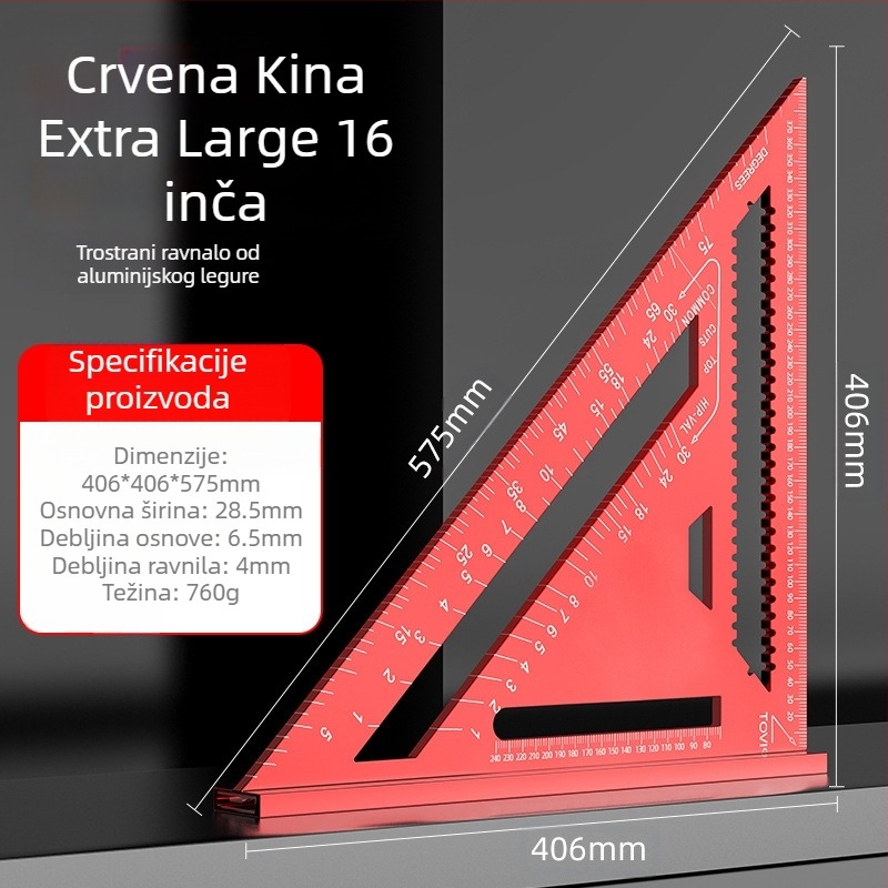 Aluminijska trokutna letvica za drvarstvo, dvostrane engleske i metričke skale, 90° kut, visoka preciznost