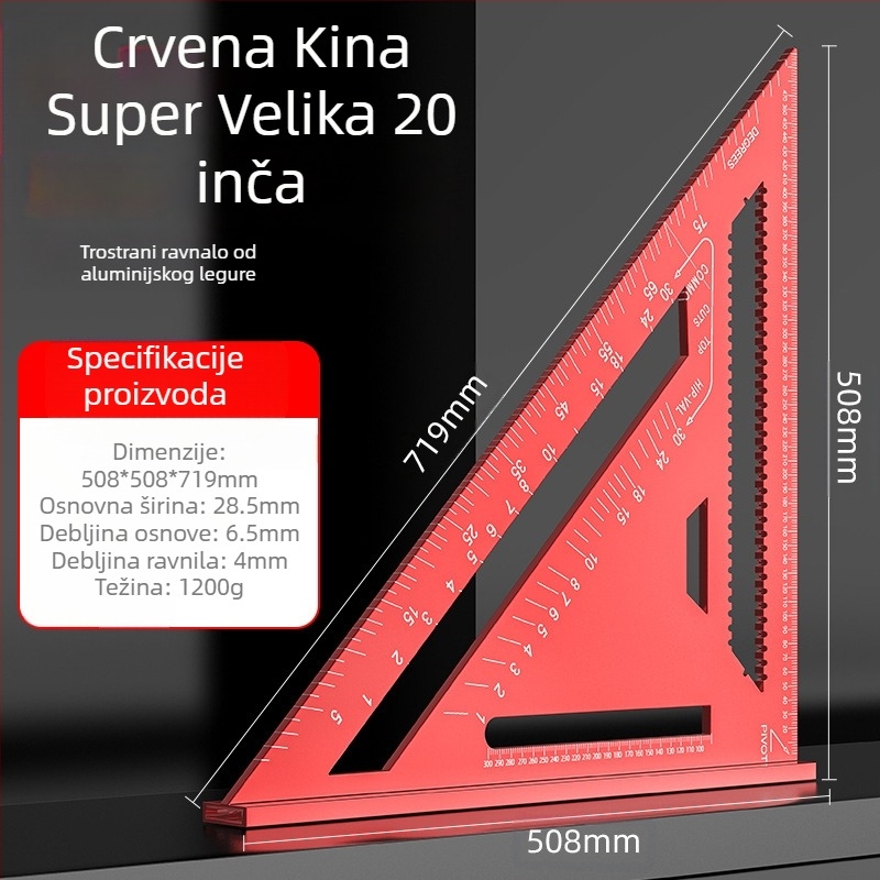Aluminijska trokutna letvica za drvarstvo, dvostrane engleske i metričke skale, 90° kut, visoka preciznost