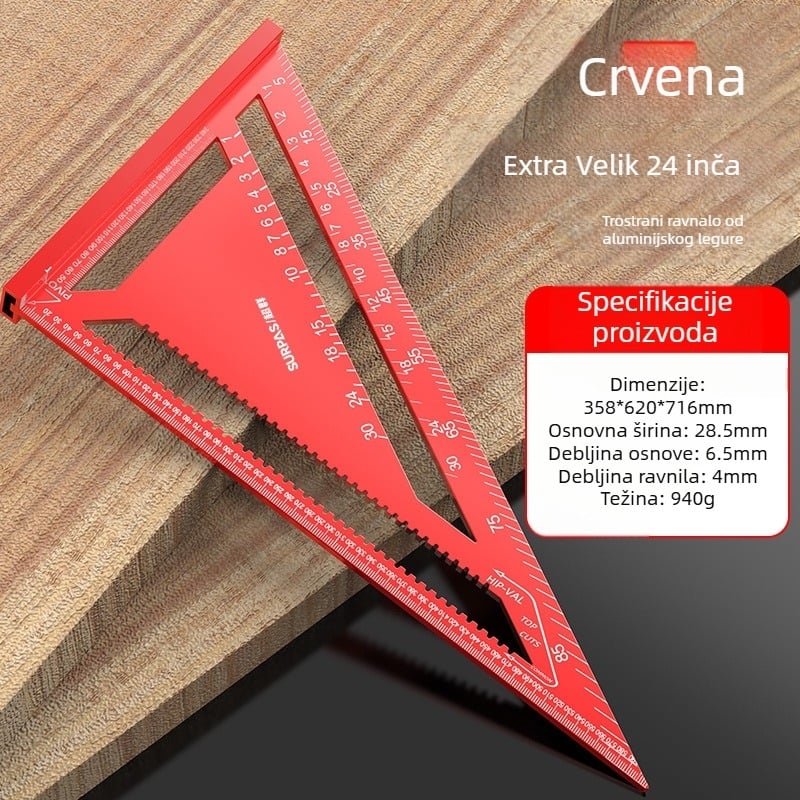 Aluminijska trokutna letvica za drvarstvo, dvostrane engleske i metričke skale, 90° kut, visoka preciznost