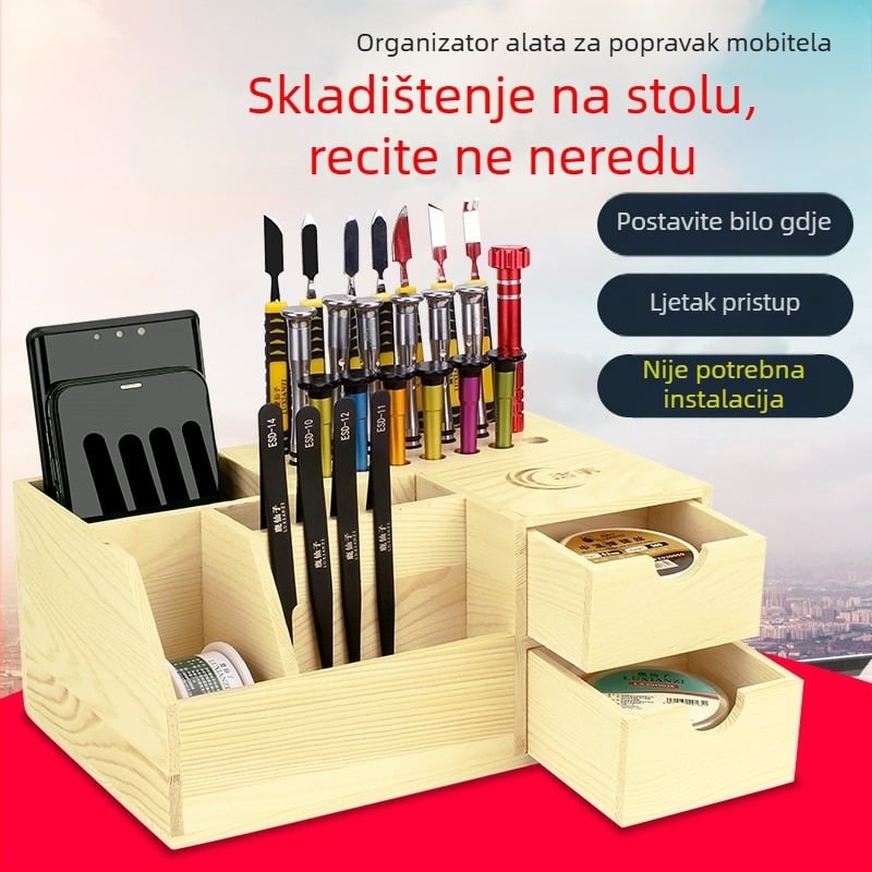 Drveni držač za odvijače, višenamjenski organizator alata za popravak mobitela i radna ploha