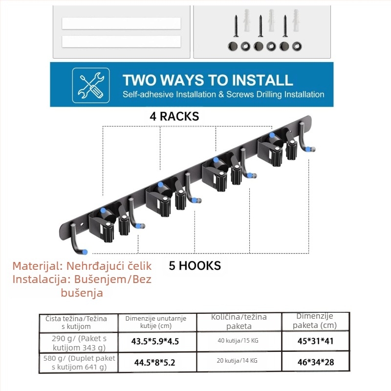 Nehrđajući čelik – zidni držač za mop, bez bušenja, klip za mop i kuka, polirani završni sloj, težina 420
