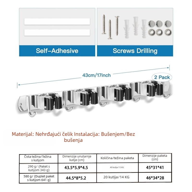 Nehrđajući čelik – zidni držač za mop, bez bušenja, klip za mop i kuka, polirani završni sloj, težina 420