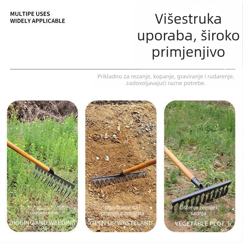 Spiralno greblje od mangan čelika s drvenom drškom, zavareno i ručno kovano, za poljoprivredu i hortikulturu