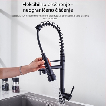 Kuhinjski faucet s izvlačnim crijevom i oprugom, topla i hladna voda, 360° okretna mlaznica