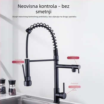 Kuhinjski faucet s izvlačnim crijevom i oprugom, topla i hladna voda, 360° okretna mlaznica