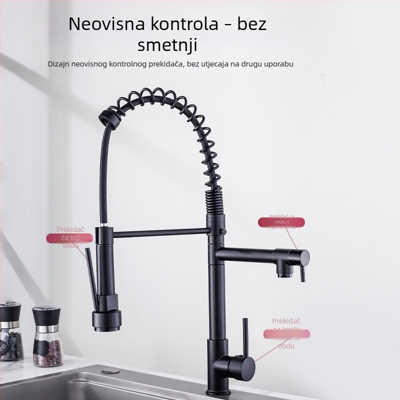 Kuhinjski faucet s izvlačnim crijevom i oprugom, topla i hladna voda, 360° okretna mlaznica