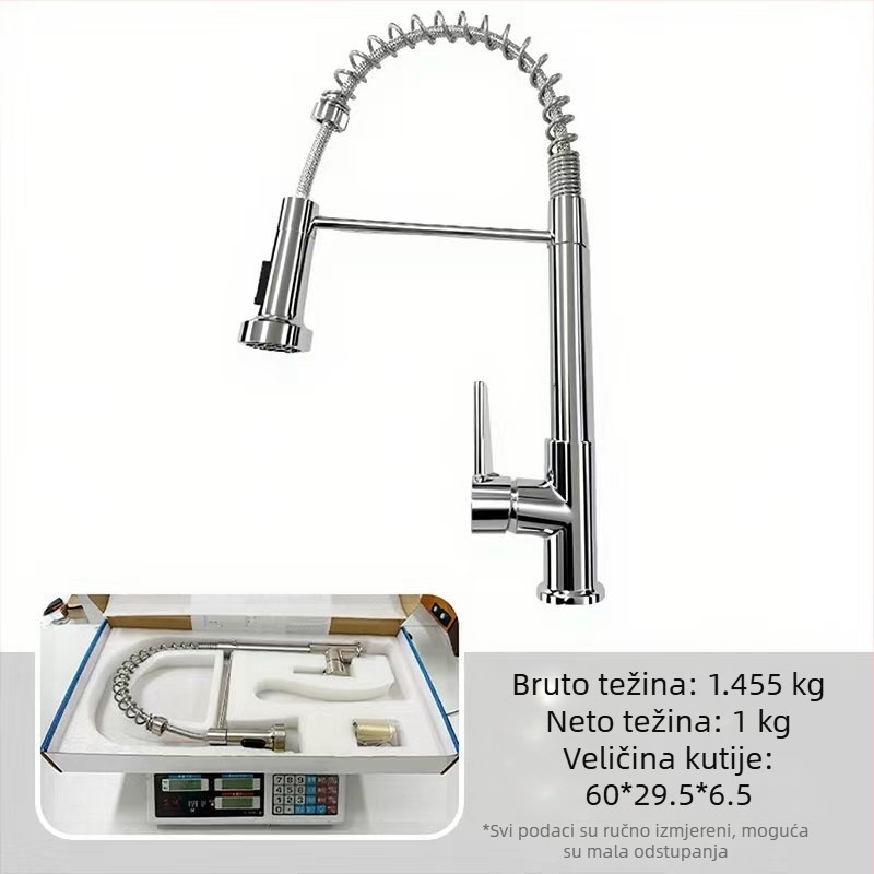 Kuhinjski faucet s izvlačnim crijevom i oprugom, topla i hladna voda, 360° okretna mlaznica