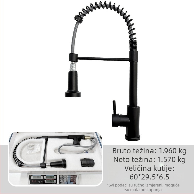Kuhinjski faucet s izvlačnim crijevom i oprugom, topla i hladna voda, 360° okretna mlaznica