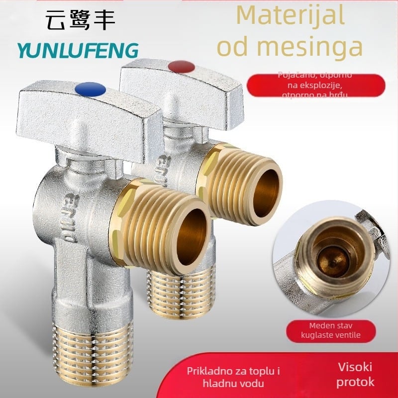 Mesingeni in-wall kutni ventil s velikim protokom i kugličnim jezgrom, za toplu i hladnu vodu; model YLF1325; radni tlak 0,8 MPa; unutarnji promjer 20 mm; ugradnja u zid; univerzalna primjena