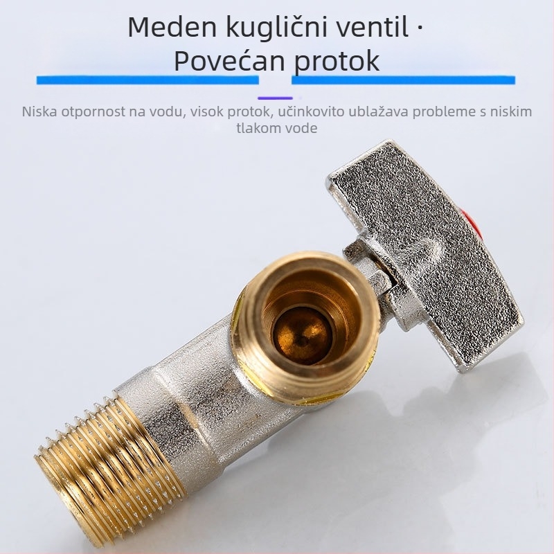 Mesingeni in-wall kutni ventil s velikim protokom i kugličnim jezgrom, za toplu i hladnu vodu; model YLF1325; radni tlak 0,8 MPa; unutarnji promjer 20 mm; ugradnja u zid; univerzalna primjena