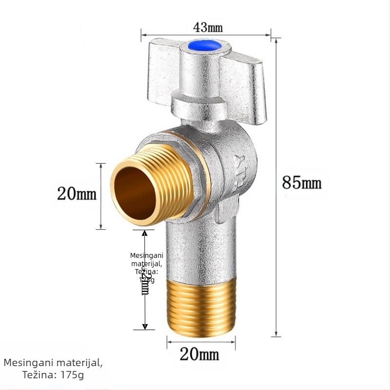 Mesingeni in-wall kutni ventil s velikim protokom i kugličnim jezgrom, za toplu i hladnu vodu; model YLF1325; radni tlak 0,8 MPa; unutarnji promjer 20 mm; ugradnja u zid; univerzalna primjena