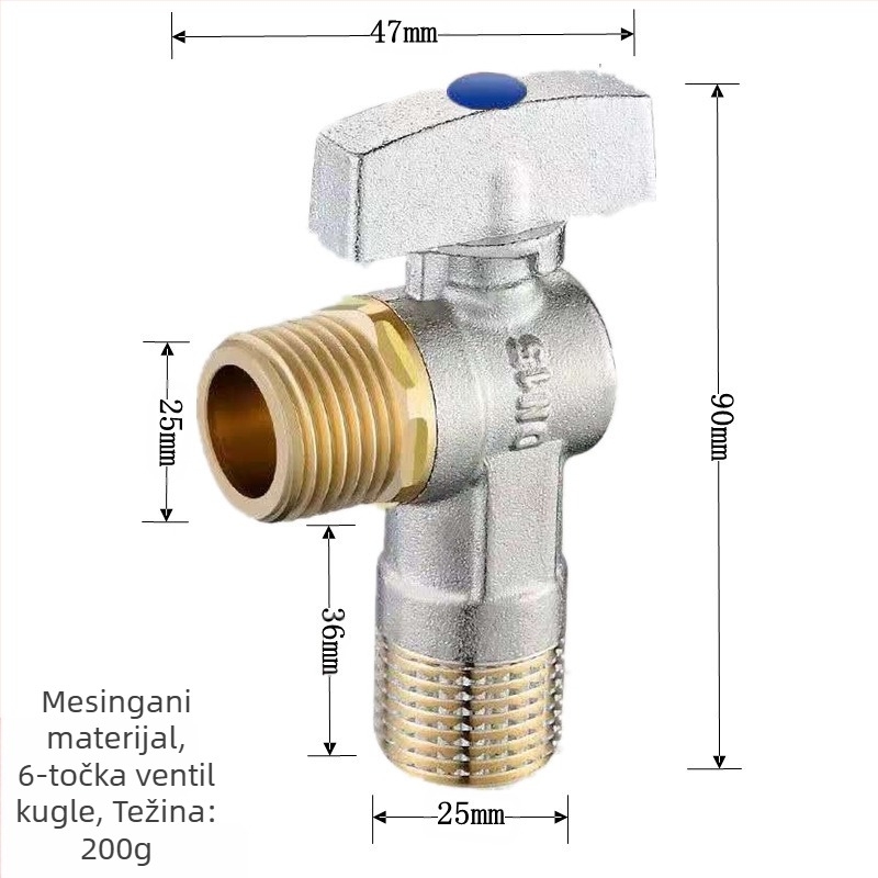 Mesingeni in-wall kutni ventil s velikim protokom i kugličnim jezgrom, za toplu i hladnu vodu; model YLF1325; radni tlak 0,8 MPa; unutarnji promjer 20 mm; ugradnja u zid; univerzalna primjena