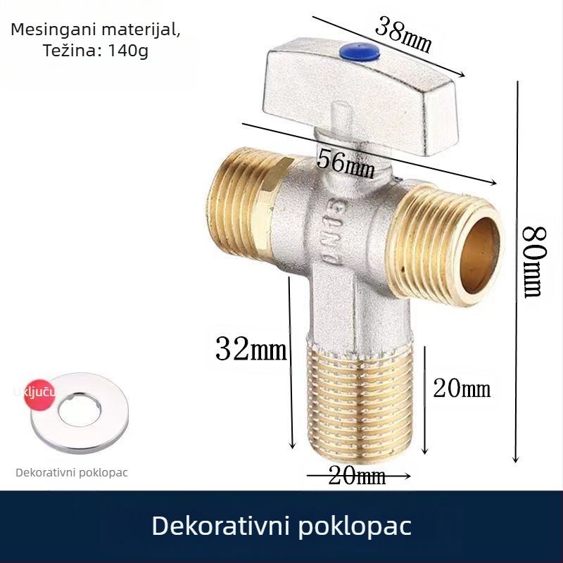 Mesingeni in-wall kutni ventil s velikim protokom i kugličnim jezgrom, za toplu i hladnu vodu; model YLF1325; radni tlak 0,8 MPa; unutarnji promjer 20 mm; ugradnja u zid; univerzalna primjena