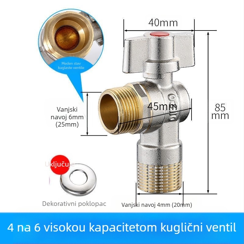 Mesingeni in-wall kutni ventil s velikim protokom i kugličnim jezgrom, za toplu i hladnu vodu; model YLF1325; radni tlak 0,8 MPa; unutarnji promjer 20 mm; ugradnja u zid; univerzalna primjena