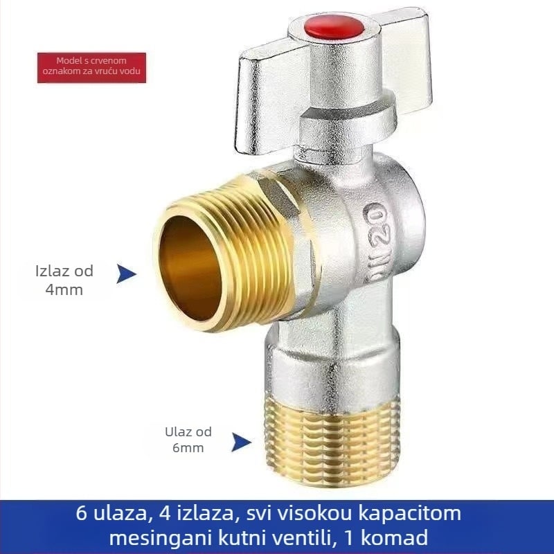 Mesingeni in-wall kutni ventil s velikim protokom i kugličnim jezgrom, za toplu i hladnu vodu; model YLF1325; radni tlak 0,8 MPa; unutarnji promjer 20 mm; ugradnja u zid; univerzalna primjena