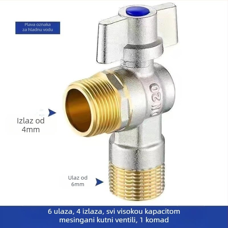 Mesingeni in-wall kutni ventil s velikim protokom i kugličnim jezgrom, za toplu i hladnu vodu; model YLF1325; radni tlak 0,8 MPa; unutarnji promjer 20 mm; ugradnja u zid; univerzalna primjena