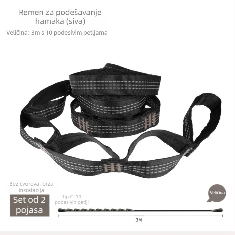 Remen za hamak - podesiv, brza montaža, visoko izdržljiv poliester, uključuje 2 kopče, prenosiv