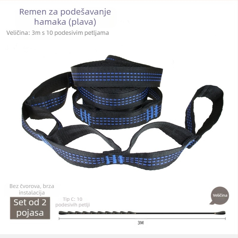 Remen za hamak - podesiv, brza montaža, visoko izdržljiv poliester, uključuje 2 kopče, prenosiv
